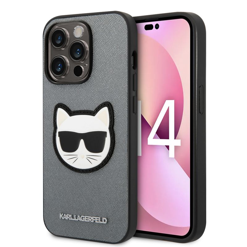 Husa pentru iPhone 14 Pro - Karl Lagerfeld Saffiano (KLHCP14LSAPCHG) - Silver Choupette Head