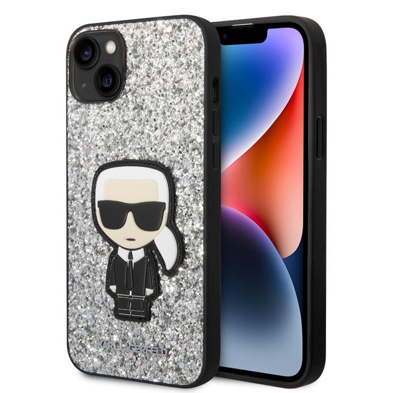 Husa pentru iPhone 14 Plus - Karl Lagerfeld Hardcase Glitter (KLHCP14MGFKPG) - Silver Flakes Ikonik