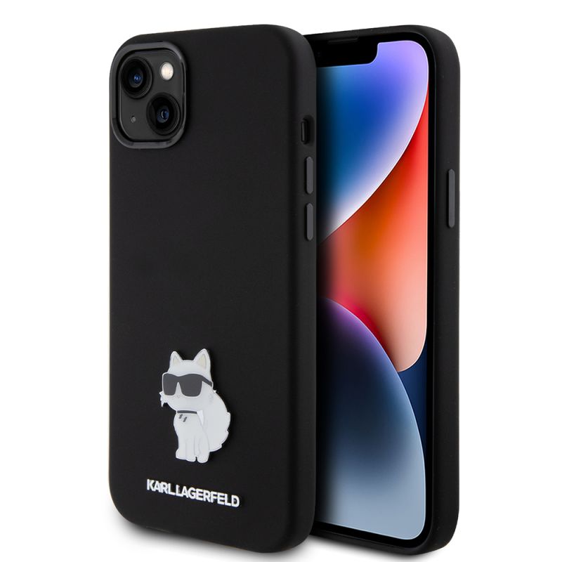 Husa pentru iPhone 15 Plus - Karl Lagerfeld Silicone (KLHCP15MSMHCNPK) - Choupette Metal Pin