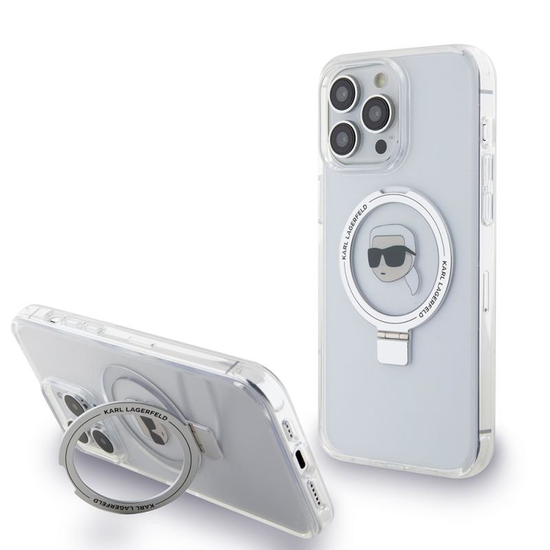 Husa pentru iPhone 15 Pro - Karl Lagerfeld Hardcase Ring Stand MagSafe (KLHMP15LHMRSKHH) - White Karl Head