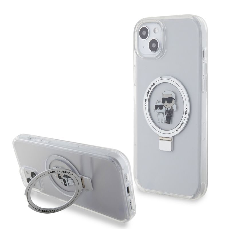 Husa pentru iPhone 15 Plus - Karl Lagerfeld Hardcase Ring Stand MagSafe (KLHMP15MHMRSKCH) - White Karl&Choupette