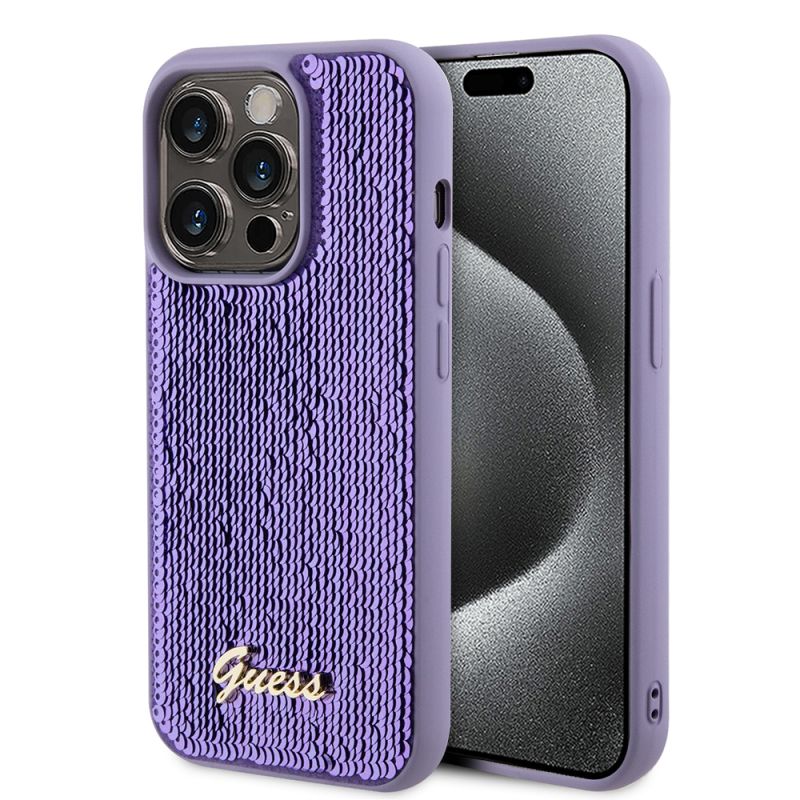 Husa pentru iPhone 15 Pro Max - Guess Sequin Script Metal (GUHCP15XPSFDGSU) - Purple