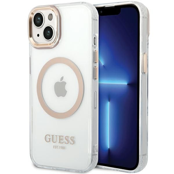 Husa pentru iPhone 15 Plus - Guess Metal Outline MagSafe (GUHMP15MHTRMD) - Gold