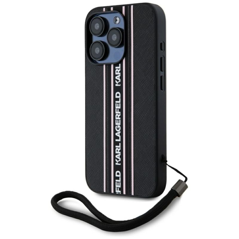Husa pentru iPhone 15 Pro - Karl Lagerfeld Saffiano Athleisure Stripes Cord (KLHCP15LPAMSCNSP) - Pink