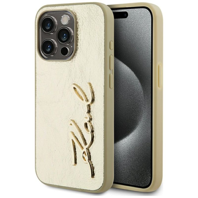 Husa iPhone 15 Pro - Karl Lagerfeld Hardcase Leather (KLHCP15LPFMFBKMD) - Gold Metal Signature