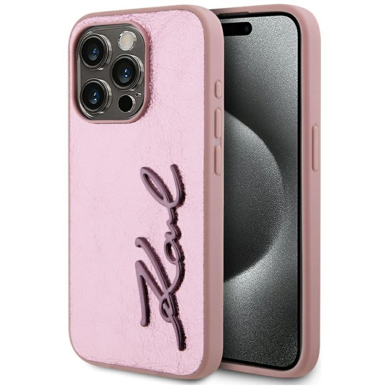 Husa iPhone 15 Pro - Karl Lagerfeld Hardcase Leather (KLHCP15LPFMFBKMP) - Pink Metal Signature