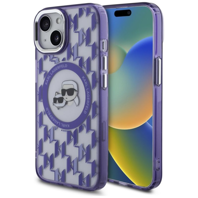 Husa pentru iPhone 15 - Karl Lagerfeld IML MagSafe (KLHMP15SHMCKMHU) - Purple Monogram Karl&Choupette Head