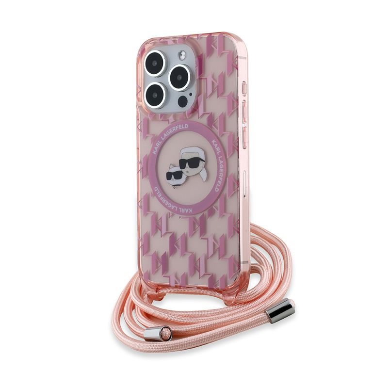 Husa pentru iPhone 15 Pro - Karl Lagerfeld IML Crossbody MagSafe (KLHMP15LHCKCKLCP) - Pink Monogram Karl&Choupette Head