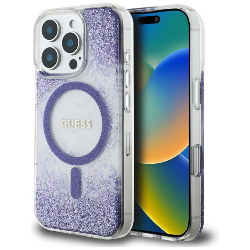Husa pentru iPhone 16 Pro - Guess Resin Bottom Glitter MagSafe (GUHMP16LRGRGEU) - Purple