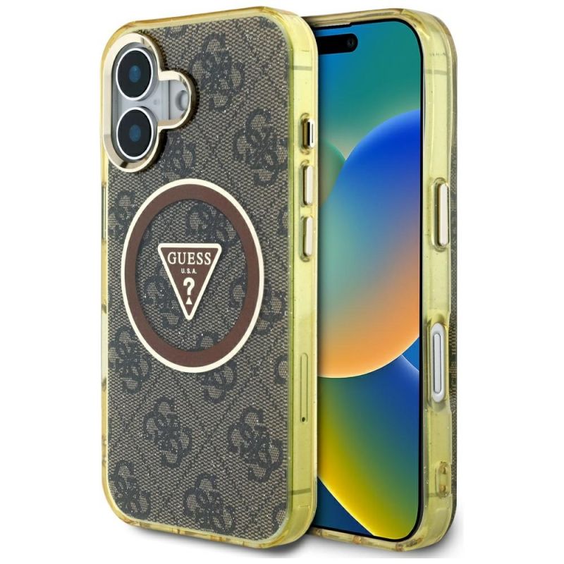 Husa pentru iPhone 16 - Guess IML Metal Glitter 4G Circle Triangle MagSafe (GUHMP16SHG4PRTGW) - Brown