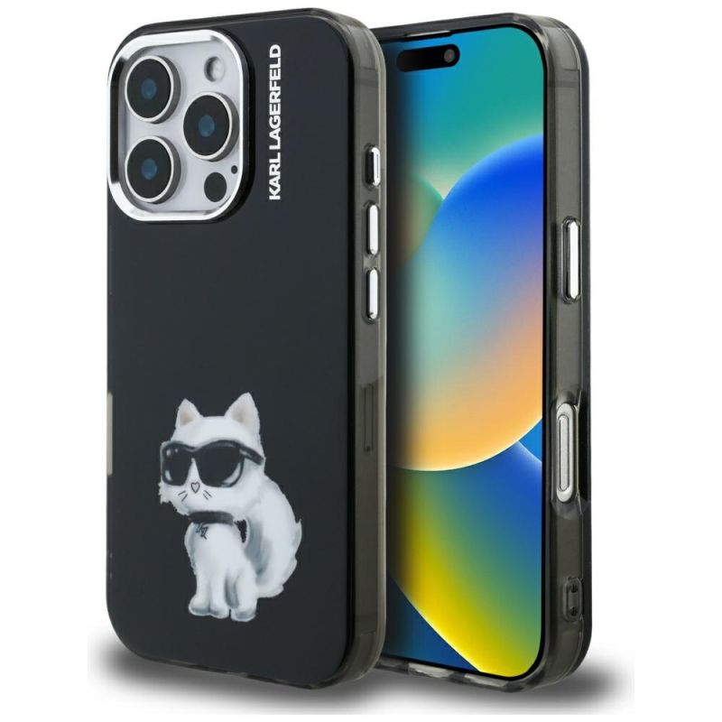 Husa pentru iPhone 16 Pro Max - Karl Lagerfeld IML Aquarelle Choupette Logo (KLHCP16XHMCHAQK) - Black