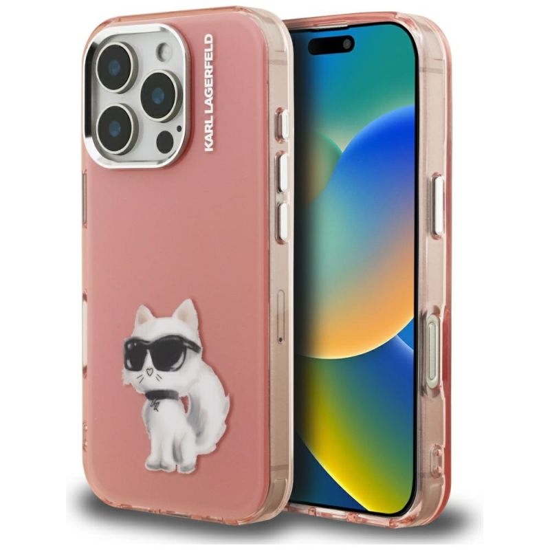 Husa pentru iPhone 16 Pro - Karl Lagerfeld IML Aquarelle Choupette Logo (KLHCP16LHMCHAQP) - Pink