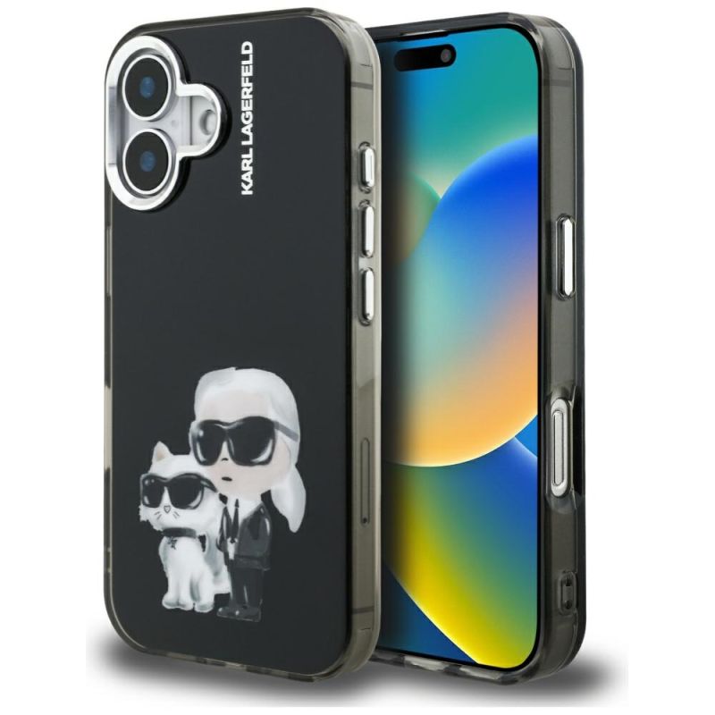 Husa pentru iPhone 16 - Karl Lagerfeld IML Aquarelle Karl & Choupette (KLHCP16SHMKCAQK) - Black