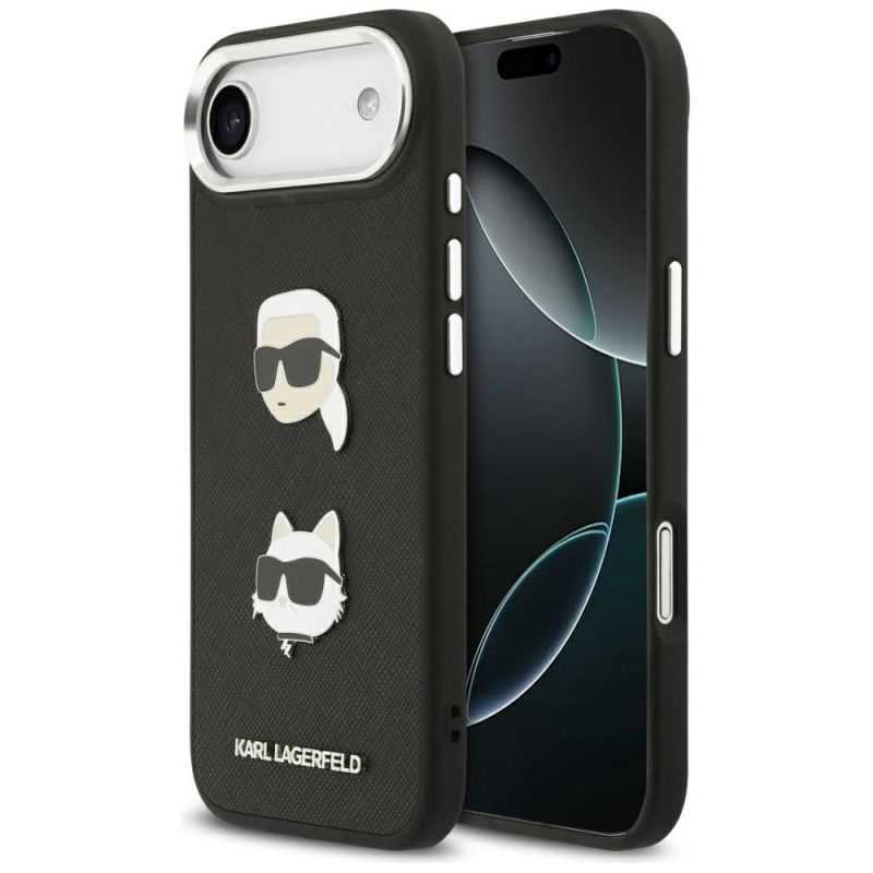 Husa iPhone 17 Air - Karl Lagerfeld FW Grained Karl & Choupette Heads Pins & Logo (KLHCP17MPSFDHPOK) - Black