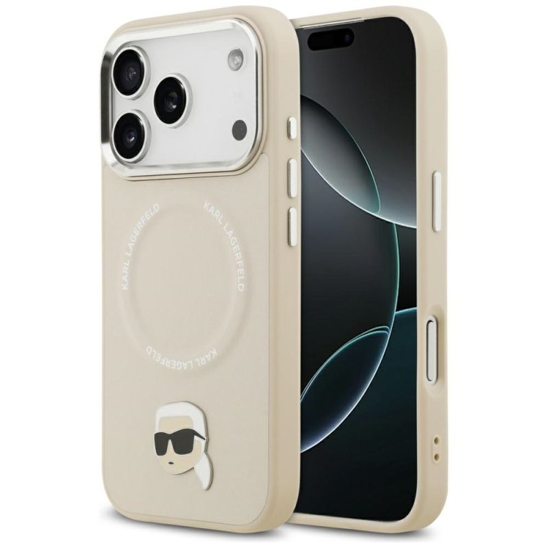 Husa iPhone 17 Pro Max - Karl Lagerfeld Leather Karl Pin MagSafe (KLHMP17XPSMLRKLE) - Beige