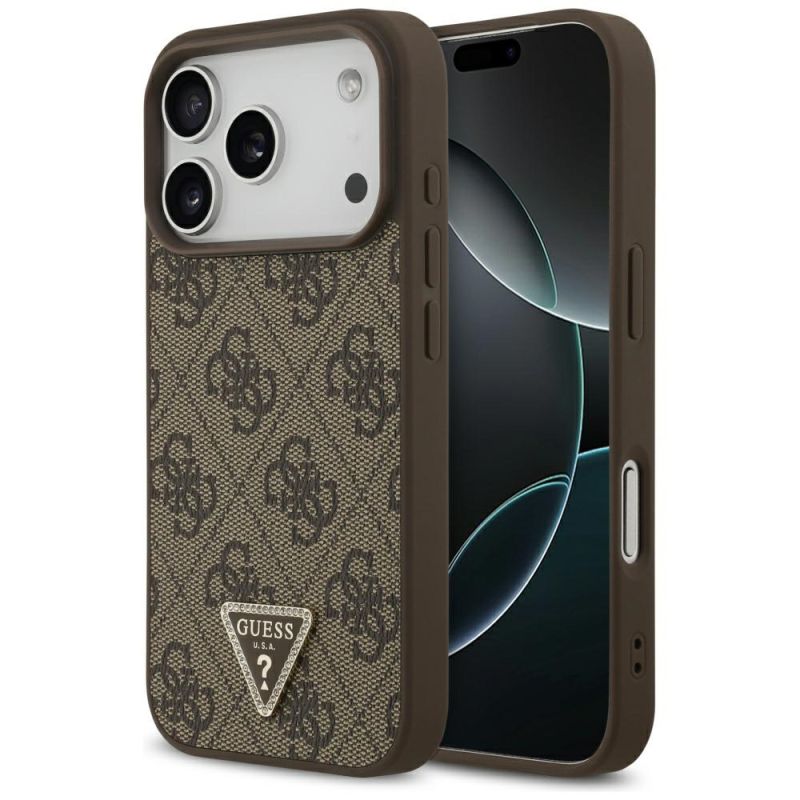 Husa pentru iPhone 17 Pro - Guess Leather 4G Triangle Strass MagSafe (GUHMP17LP4TDPLW) - Brown