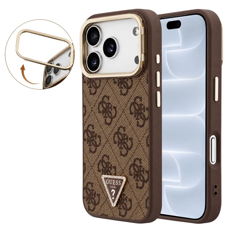 Husa pentru iPhone 18 Pro / iPhone 17 Pro - Guess Hardcase 4G Triangle Logo & Stand Camera MagSafe (GUHMP18LPCS4GPTW) - Brown