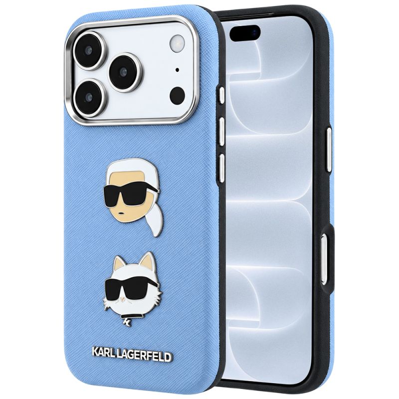 Husa pentru iPhone 18 Pro / iPhone 17 Pro - Karl Lagerfeld Saffiano with K&C Heads Pins and Logo (KLHCP18LPSWFDHPB) - Light Blue