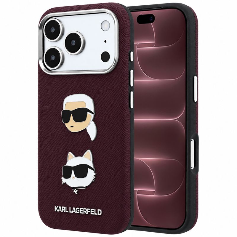 Husa pentru iPhone 18 Pro Max / iPhone 17 Pro Max - Karl Lagerfeld Saffiano with K&C Heads Pins and Logo (KLHCP18XPSWFDHPR) - Burgundy