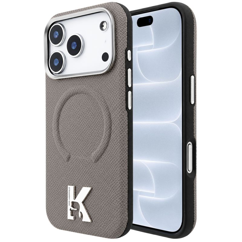 Husa iPhone 18 Pro / iPhone 17 Pro - Karl Lagerfeld Grained Leather Embossed Ring MagSafe (KLHMP18L6PWBKECE) - Beige