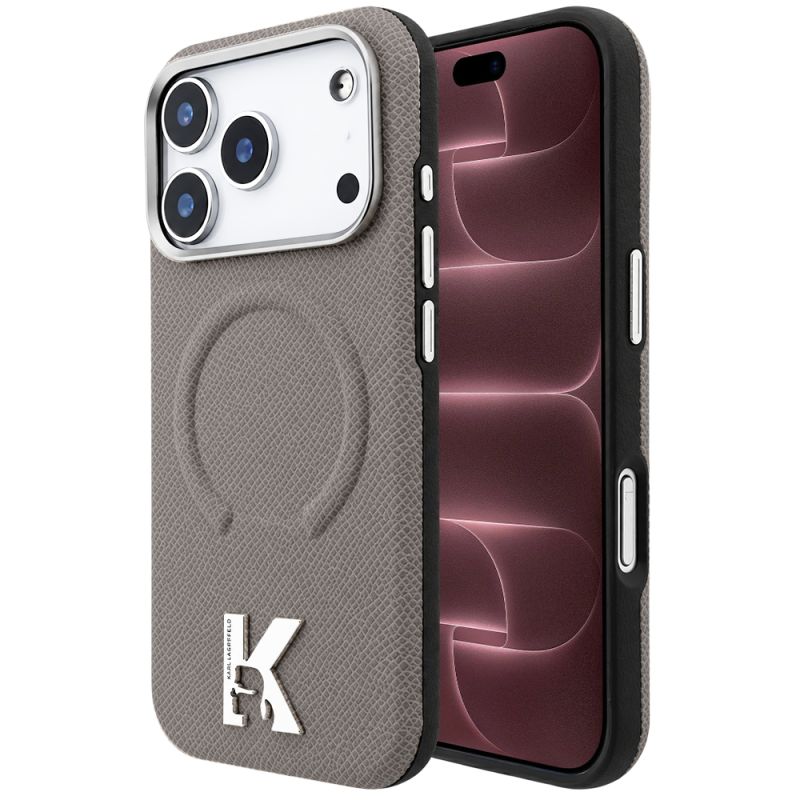 Husa iPhone 18 Pro Max / iPhone 17 Pro Max - Karl Lagerfeld Grained Leather Embossed Ring MagSafe (KLHMP18X6PWBKECE) - Beige