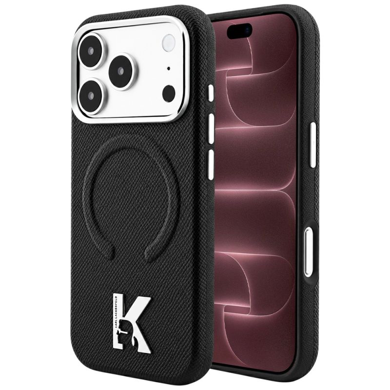 Husa iPhone 18 Pro Max/ iPhone 17 Pro Max - Karl Lagerfeld Grained Leather Embossed Ring MagSafe (KLHMP18X6PWBKECK) - Black