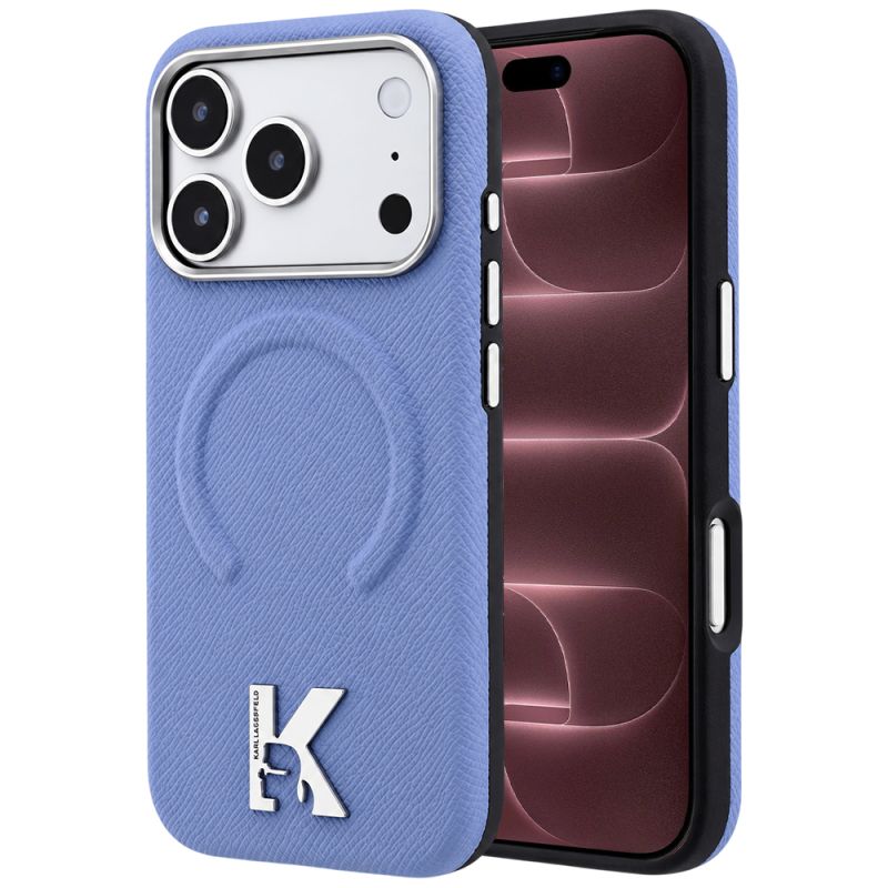 Husa iPhone 18 Pro Max / iPhone 17 Pro Max - Karl Lagerfeld Grained Leather Embossed Ring MagSafe (KLHMP18X6PWBKECB) - Light Blue