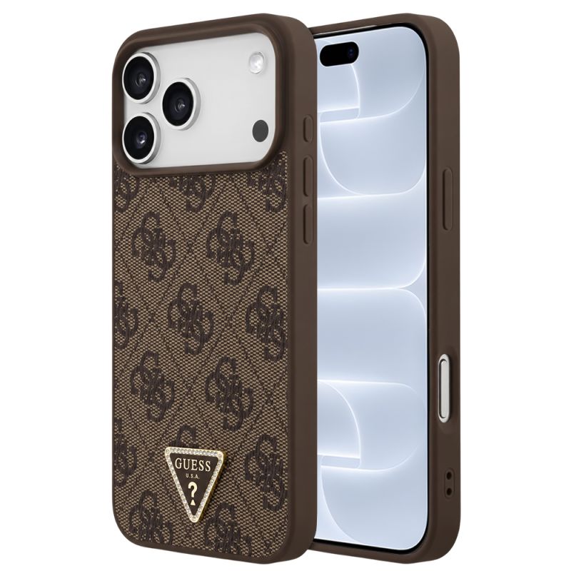 Husa pentru iPhone 18 Pro / iPhone 17 Pro - Guess Leather 4G Triangle Strass MagSafe (GUHMP18LP4TDPW) - Brown