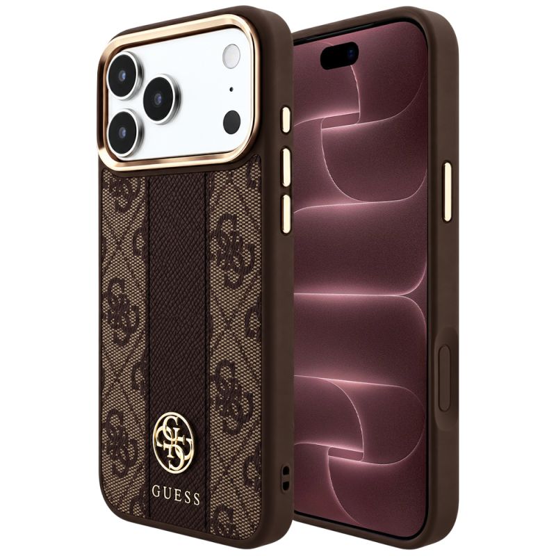 Husa pentru iPhone 18 Pro Max / iPhone 17 Pro Max - Guess Leather 4G Stripe Round Classic Logo MagSafe (GUHMP18X6P4G4RCW) - Brown
