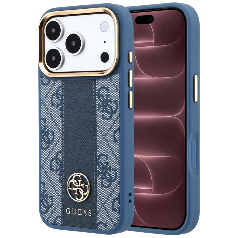 Husa pentru iPhone 18 Pro Max / iPhone 17 Pro Max - Guess Leather 4G Stripe Round Classic Logo MagSafe (GUHMP18X6P4G4RCB) - Blue