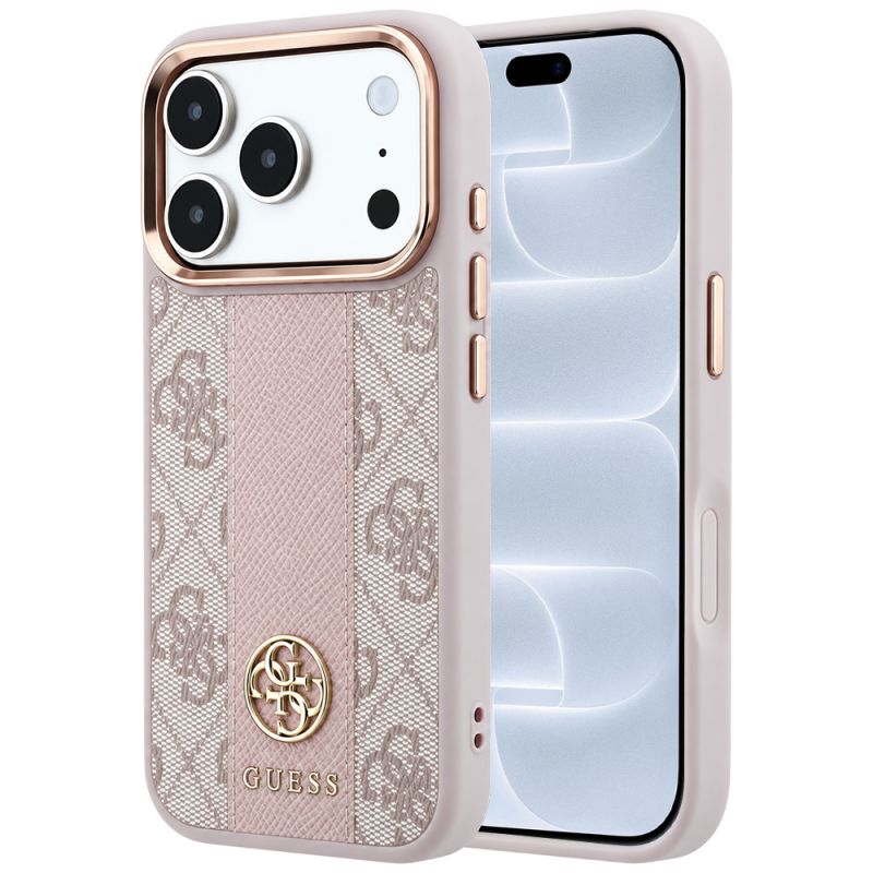 Husa pentru iPhone 18 Pro / iPhone 17 Pro - Guess Leather 4G Stripe Round Classic Logo MagSafe (GUHMP18L6P4G4RCP) - Pink
