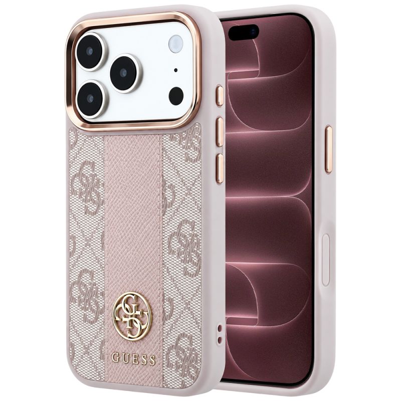 Husa pentru iPhone 18 Pro Max / iPhone 17 Pro Max - Guess Leather 4G Stripe Round Classic Logo MagSafe (GUHMP18X6P4G4RCP) - Pink