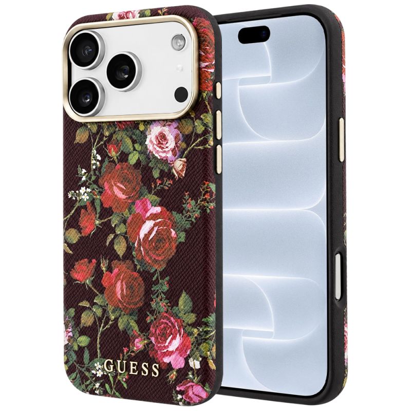 Husa pentru iPhone 18 Pro / iPhone 17 Pro - Guess Blossom Roses Print MagSafe (GUHMP18L6PWGTBEU) - Burgundy