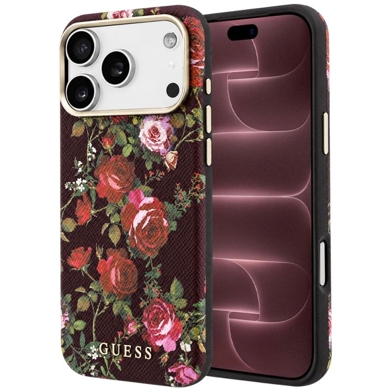 Husa pentru iPhone 18 Pro Max / iPhone 17 Pro Max - Guess Blossom Roses Print MagSafe (GUHMP18X6PWGTBEU) - Burgundy