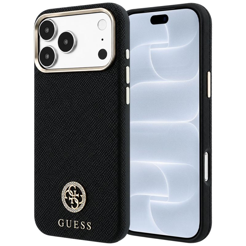 Husa pentru iPhone 18 Pro / iPhone 17 Pro - Guess Grained Leather Round Strass Logo MagSafe (GUHMP18L6PSRMDEK) - Black