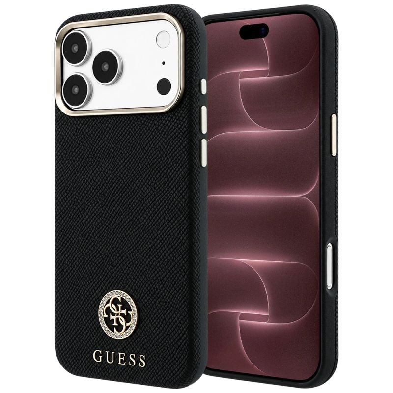 Husa pentru iPhone 18 Pro Max / iPhone 17 Pro Max - Guess Grained Leather Round Strass Logo MagSafe (GUHMP18X6PSRMDEK) - Black