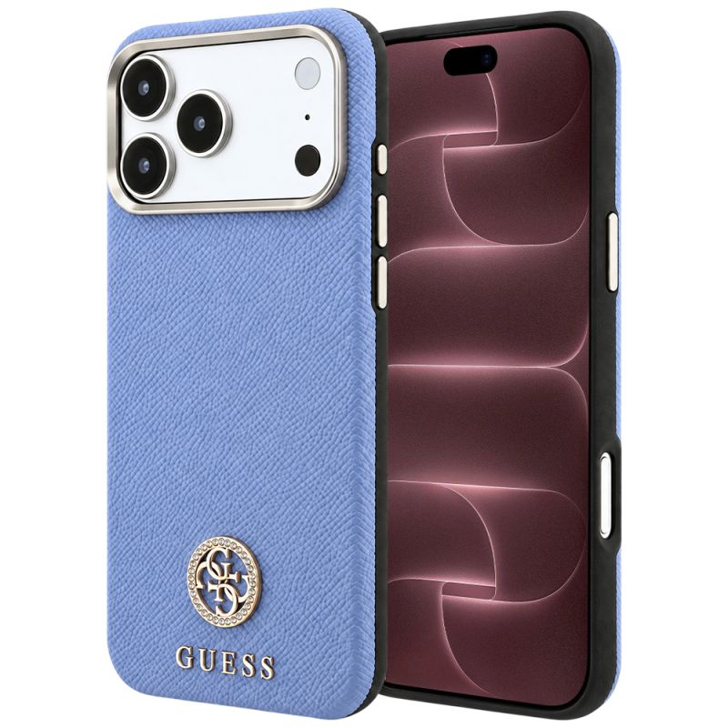 Husa pentru iPhone 18 Pro Max / iPhone 17 Pro Max - Guess Grained Leather Round Strass Logo MagSafe (GUHMP18X6PSRMDEB) - Light Blue