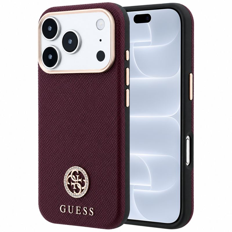Husa pentru iPhone 18 Pro / iPhone 17 Pro - Guess Grained Leather Round Strass Logo MagSafe (GUHMP18L6PSRMDEU) - Burgundy