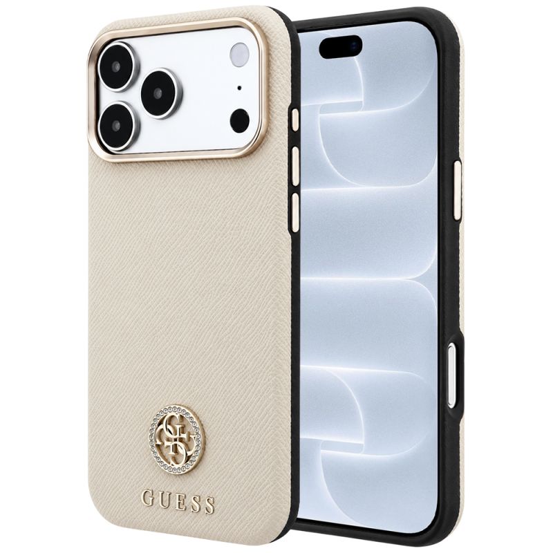 Husa pentru iPhone 18 Pro / iPhone 17 Pro - Guess Grained Leather Round Strass Logo MagSafe (GUHMP18L6PSRMDEE) - Beige