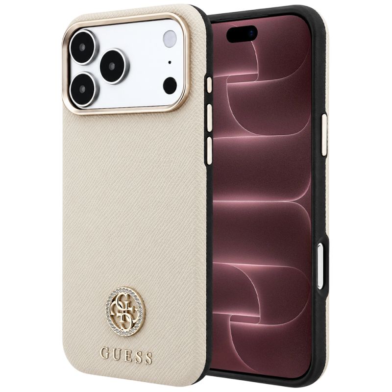 Husa pentru iPhone 18 Pro Max / iPhone 17 Pro Max - Guess Grained Leather Round Strass Logo MagSafe (GUHMP18X6PSRMDEE) - Beige