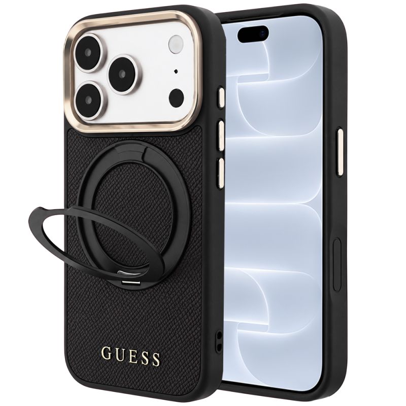 Husa pentru iPhone 18 Pro / iPhone 17 Pro - Guess Grained Leather Ring Stand 360 Classic Logo MagSafe (GUHMP18L6PSGRSCLK) - Black
