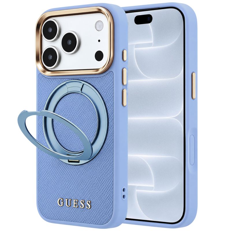 Husa pentru iPhone 18 Pro / iPhone 17 Pro - Guess Grained Leather Ring Stand 360 Classic Logo MagSafe (GUHMP18L6PSGRSCLB) - Light Blue