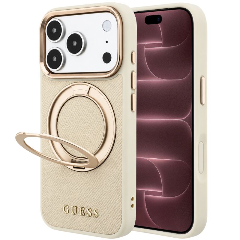 Husa pentru iPhone 18 Pro Max / iPhone 17 Pro Max - Guess Grained Leather Ring Stand 360 Classic MagSafe (GUHMP18X6PSGRSCLE) - Beige