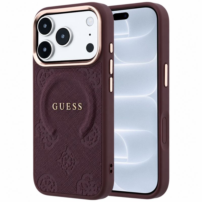 Husa pentru iPhone 18 Pro / iPhone 17 Pro - Guess Saffiano Peony & Ring MagSafe (GUHMP18LPSAMSECU) - Burgundy