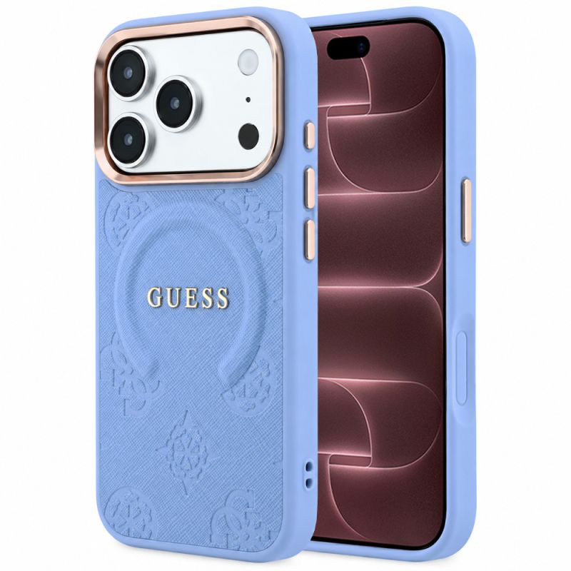 Husa pentru iPhone 18 Pro Max / iPhone 17 Pro Max - Guess Saffiano Peony & Ring MagSafe (GUHMP18XPSAMSECB) - Light Blue