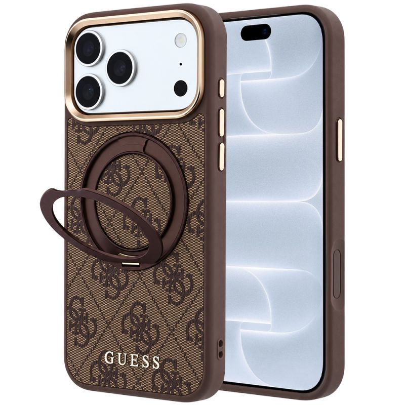Husa pentru iPhone 18 Pro / iPhone 17 Pro - Guess Ring Stand 360 4G Leather Classic Logo MagSafe (GUHMP18L6PS4RSCLW) - Brown