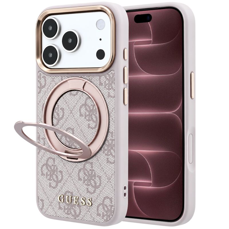 Husa pentru iPhone 18 Pro Max / iPhone 17 Pro Max - Guess Ring Stand 360 4G Leather Classic Logo MagSafe (GUHMP18X6PS4RSCLP) - Pink