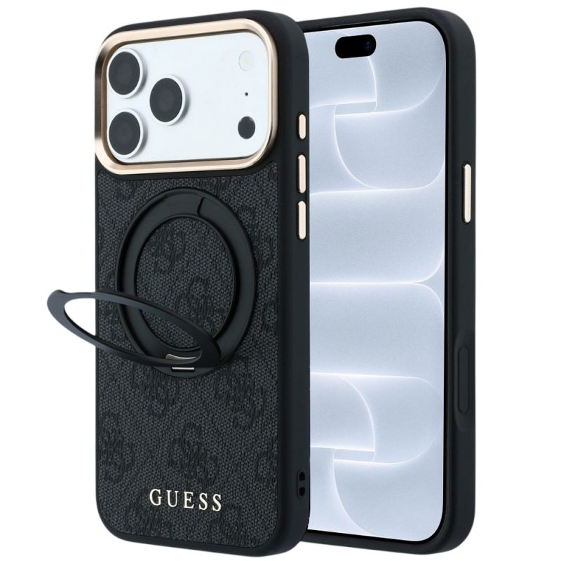 Husa pentru iPhone 18 Pro / iPhone 17 Pro - Guess Ring Stand 360 4G Leather Classic Logo MagSafe (GUHMP18L6PS4RSCLK) - Black