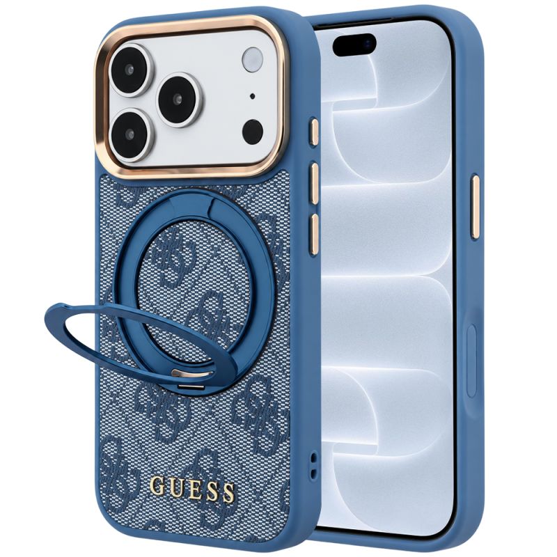 Husa pentru iPhone 18 Pro / iPhone 17 Pro - Guess Ring Stand 360 4G Leather Classic Logo MagSafe (GUHMP18L6PS4RSCLB) - Blue