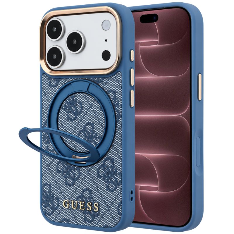 Husa pentru iPhone 18 Pro Max / iPhone 17 Pro Max - Guess Ring Stand 360 4G Leather Classic Logo MagSafe (GUHMP18X6PS4RSCLB) - Blue